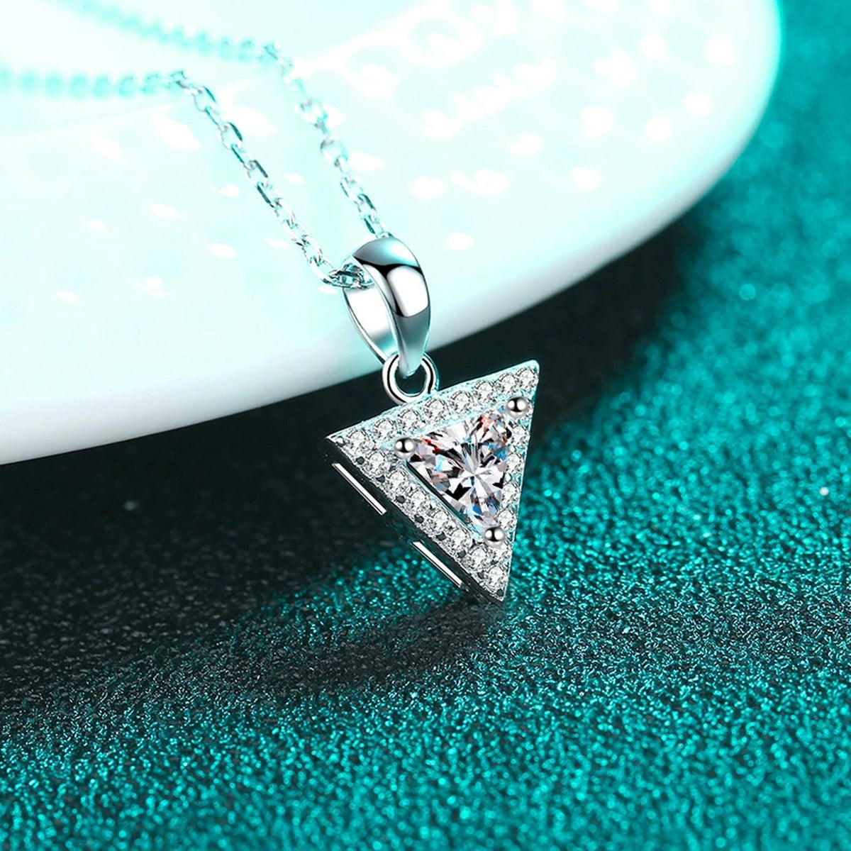 Trillion Cut Moissanite Pendant Necklace with CZ in Rhodium-Plated S925 sterling silver product scene view showing chain and setting detail