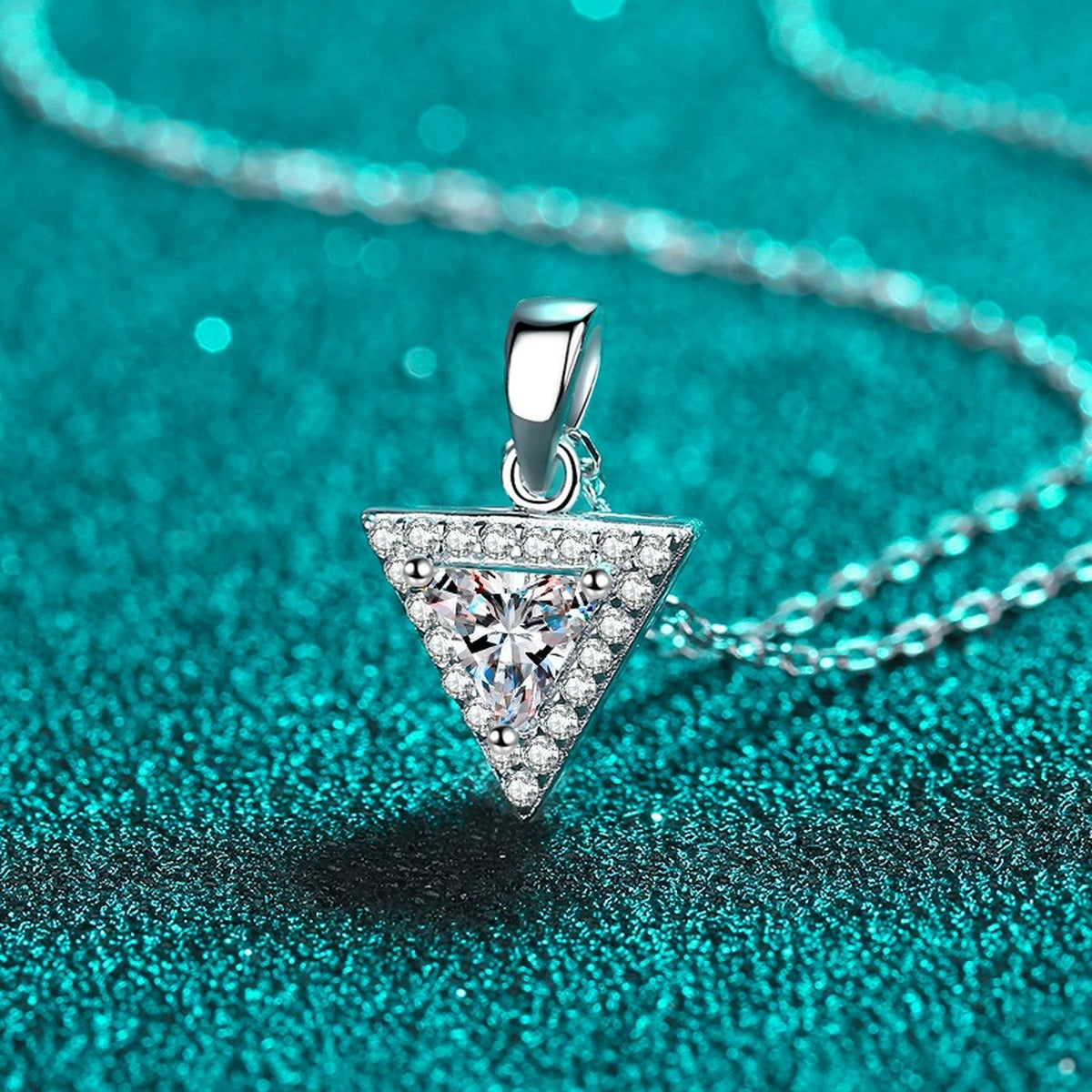 Trillion Cut Moissanite Pendant Necklace with CZ in Rhodium-Plated S925 sterling silver product scene view showing angled sparkle