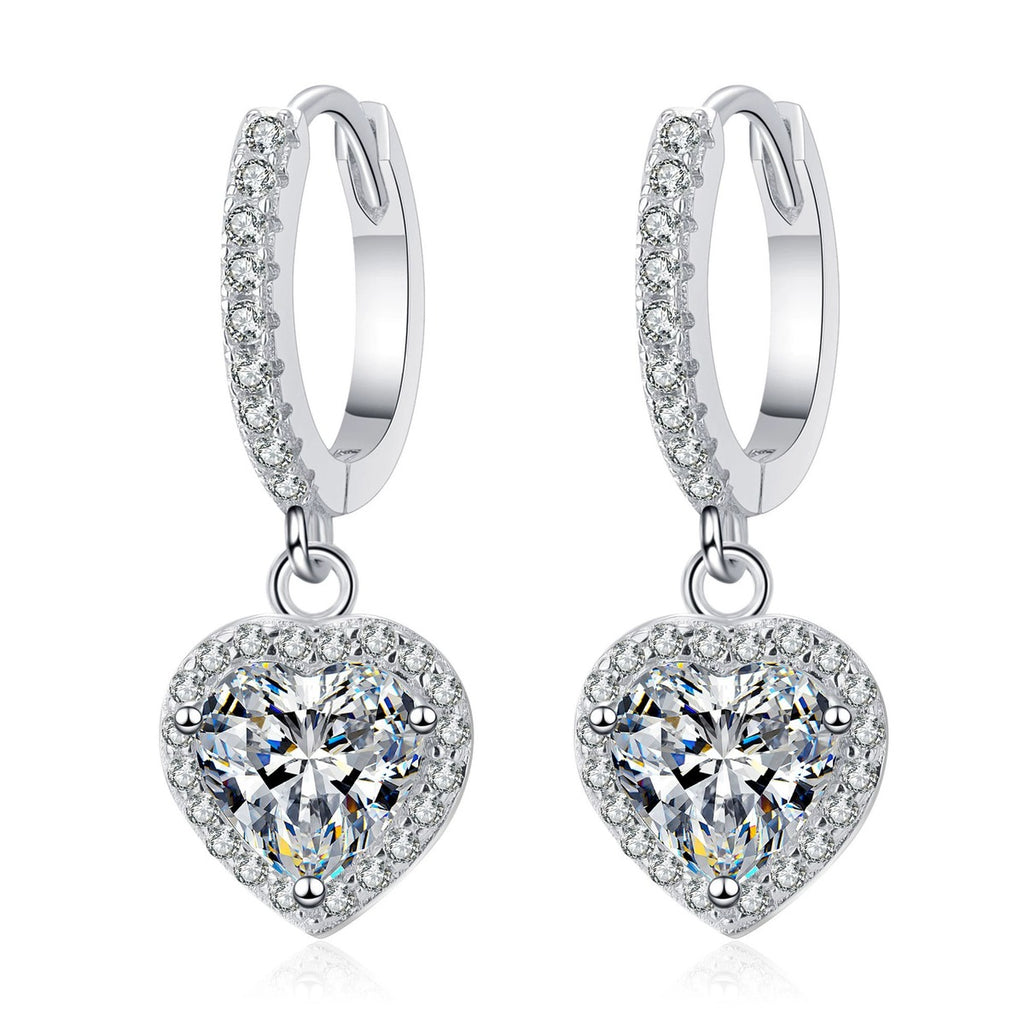 Heart Moissanite Hoop Dangle Earrings with CZ in Rhodium-Plated S925 sterling silver white background product photo showing the pair, stone shape, and hoop dangle earrings silhouette