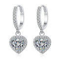 Heart Moissanite Hoop Dangle Earrings with CZ in Rhodium-Plated S925 sterling silver white background product photo showing the pair, stone shape, and hoop dangle earrings silhouette