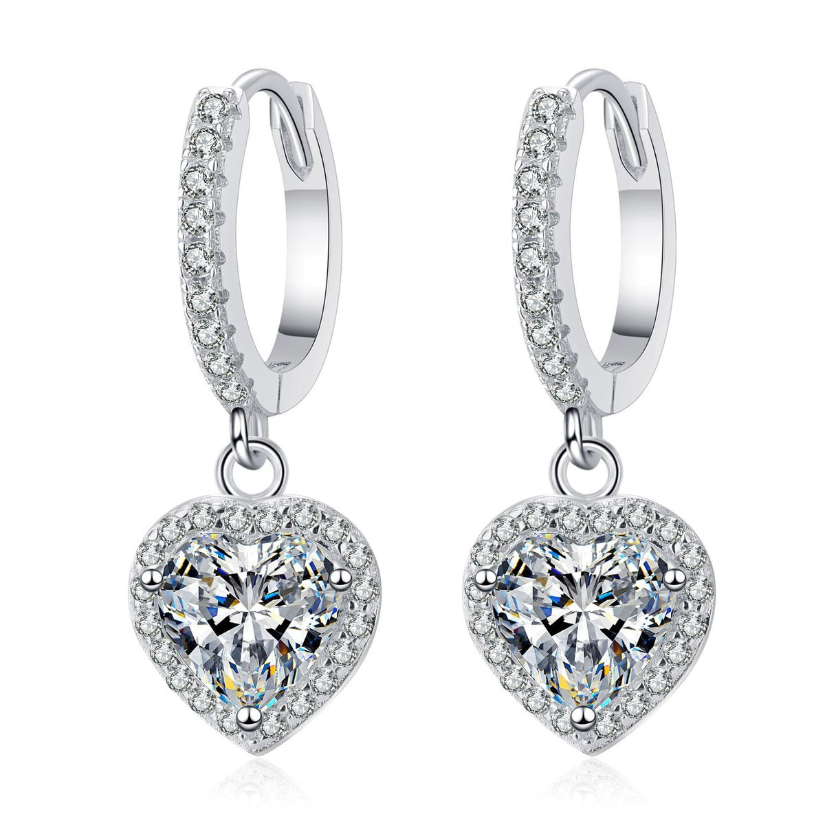 Heart Moissanite Hoop Dangle Earrings with CZ in Rhodium-Plated S925 sterling silver white background product photo showing the pair, stone shape, and hoop dangle earrings silhouette