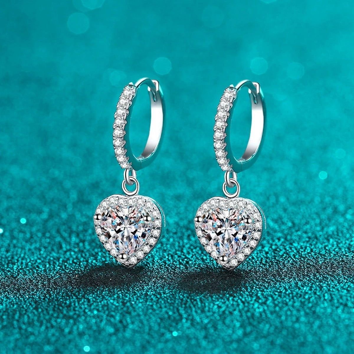 Heart Moissanite Hoop Dangle Earrings with CZ in Rhodium-Plated S925 sterling silver product scene view showing front sparkle, moissanite setting, and hoop dangle earrings design
