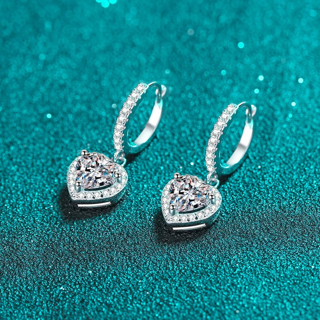 Heart Moissanite Hoop Dangle Earrings with CZ in Rhodium-Plated S925 sterling silver product scene view showing angled setting detail, moissanite setting, and hoop dangle earrings design