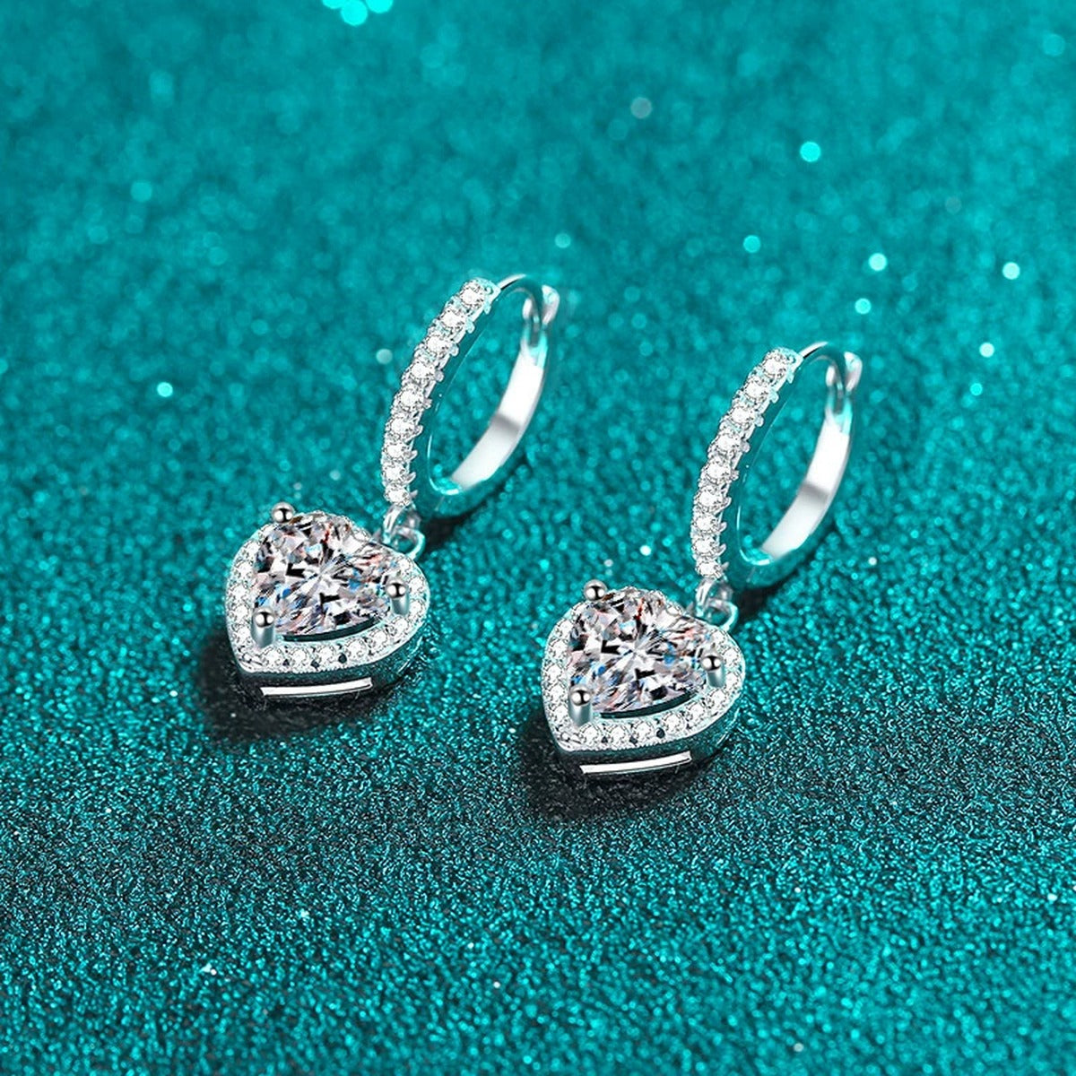 Heart Moissanite Hoop Dangle Earrings with CZ in Rhodium-Plated S925 sterling silver product scene view showing angled setting detail, moissanite setting, and hoop dangle earrings design