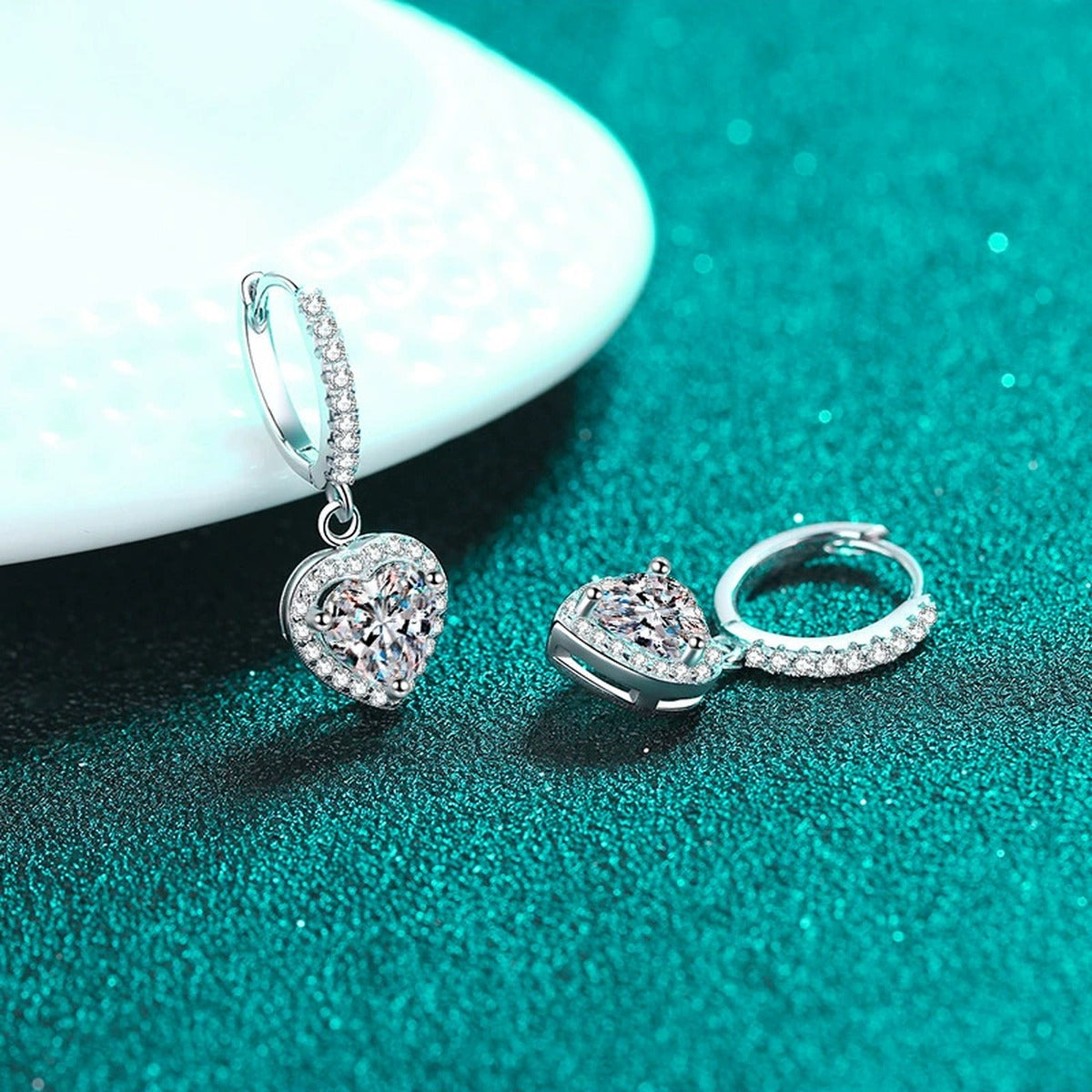 Heart Moissanite Hoop Dangle Earrings with CZ in Rhodium-Plated S925 sterling silver product scene view showing side profile, moissanite setting, and hoop dangle earrings design