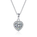 Heart Halo Moissanite Pendant Necklace with CZ in Rhodium-Plated S925 sterling silver on white background showing pendant shape and round moissanite