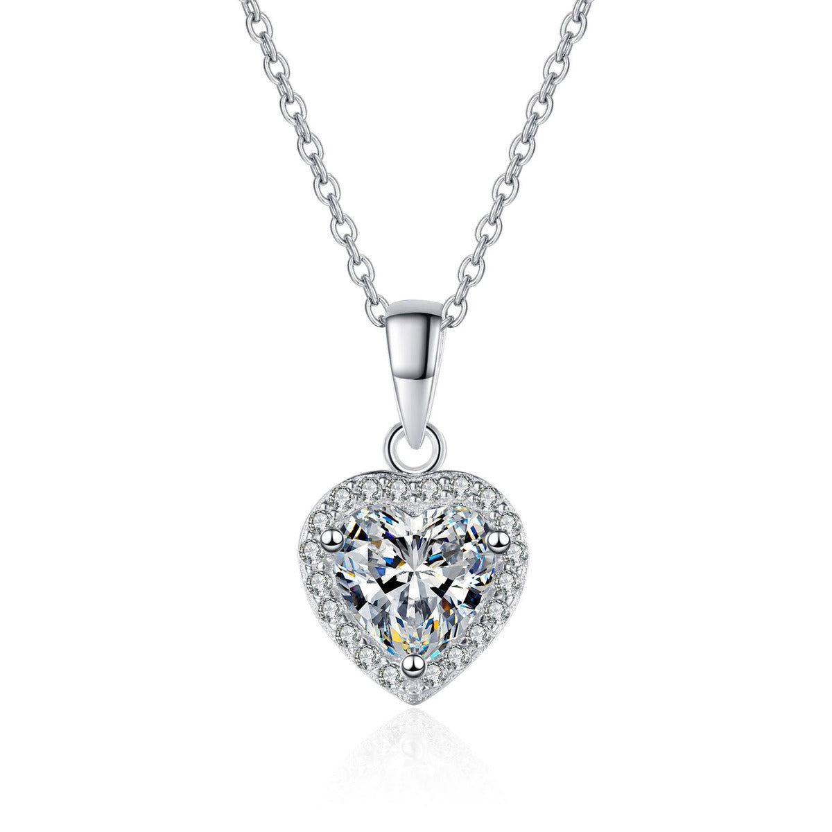 Heart Halo Moissanite Pendant Necklace with CZ in Rhodium-Plated S925 sterling silver on white background showing pendant shape and round moissanite