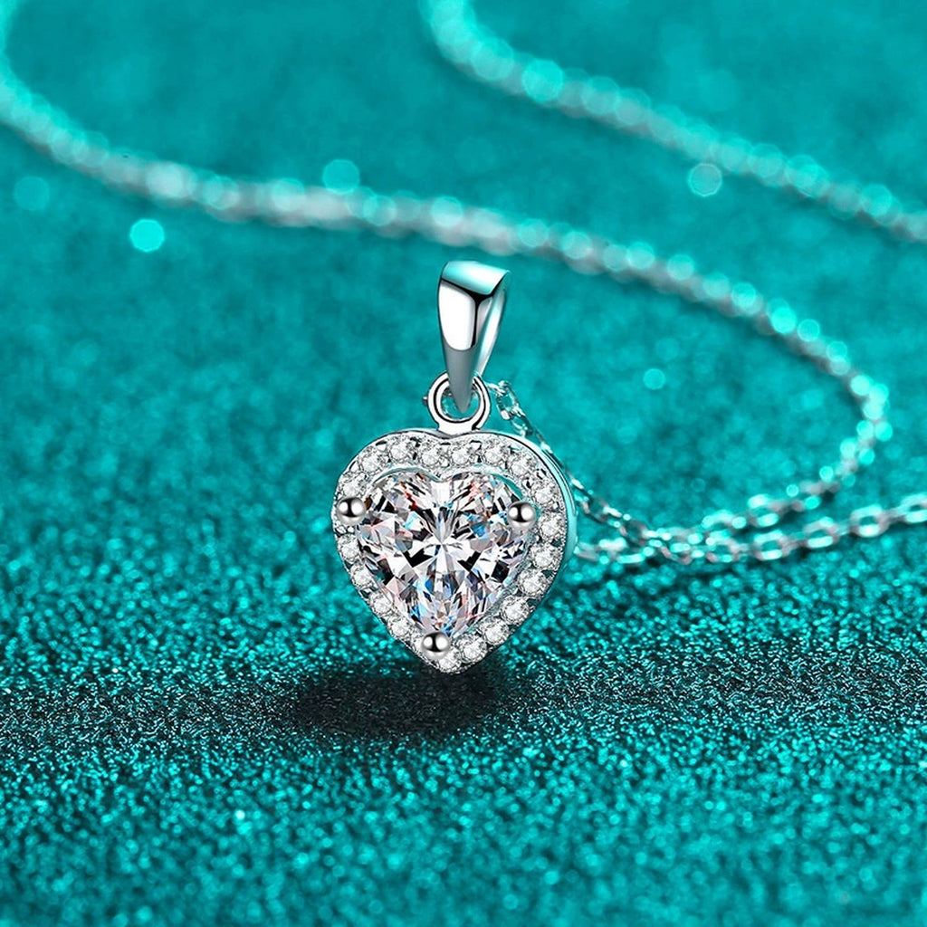 Heart Halo Moissanite Pendant Necklace with CZ in Rhodium-Plated S925 sterling silver product scene view showing pendant detail