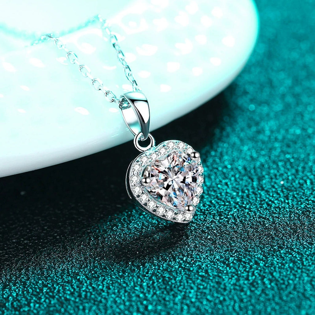 Heart Halo Moissanite Pendant Necklace with CZ in Rhodium-Plated S925 sterling silver product scene view showing chain and setting detail
