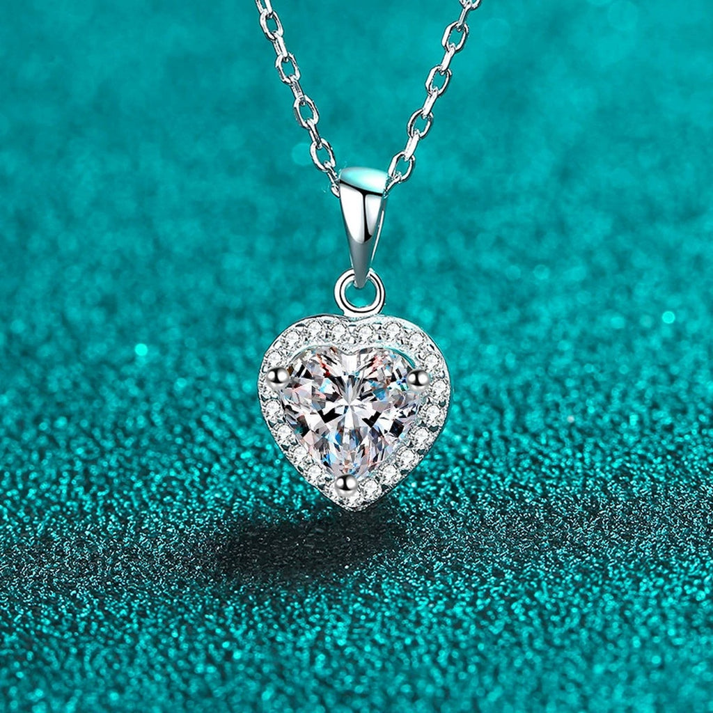 Heart Halo Moissanite Pendant Necklace with CZ in Rhodium-Plated S925 sterling silver product scene view showing angled sparkle
