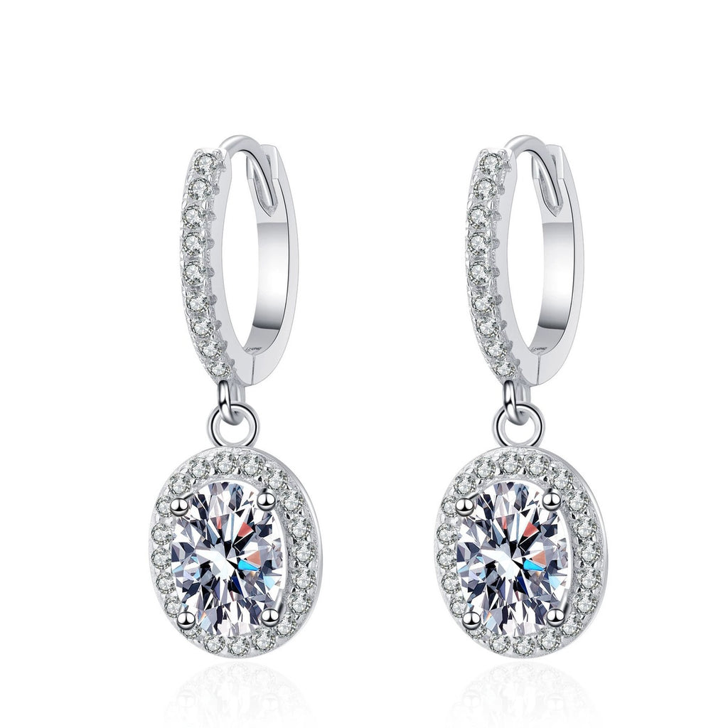 Oval Moissanite Hoop Dangle Earrings with CZ in Rhodium-Plated S925 sterling silver white background product photo showing the pair, stone shape, and hoop dangle earrings silhouette