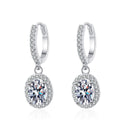 Oval Moissanite Hoop Dangle Earrings with CZ in Rhodium-Plated S925 sterling silver white background product photo showing the pair, stone shape, and hoop dangle earrings silhouette