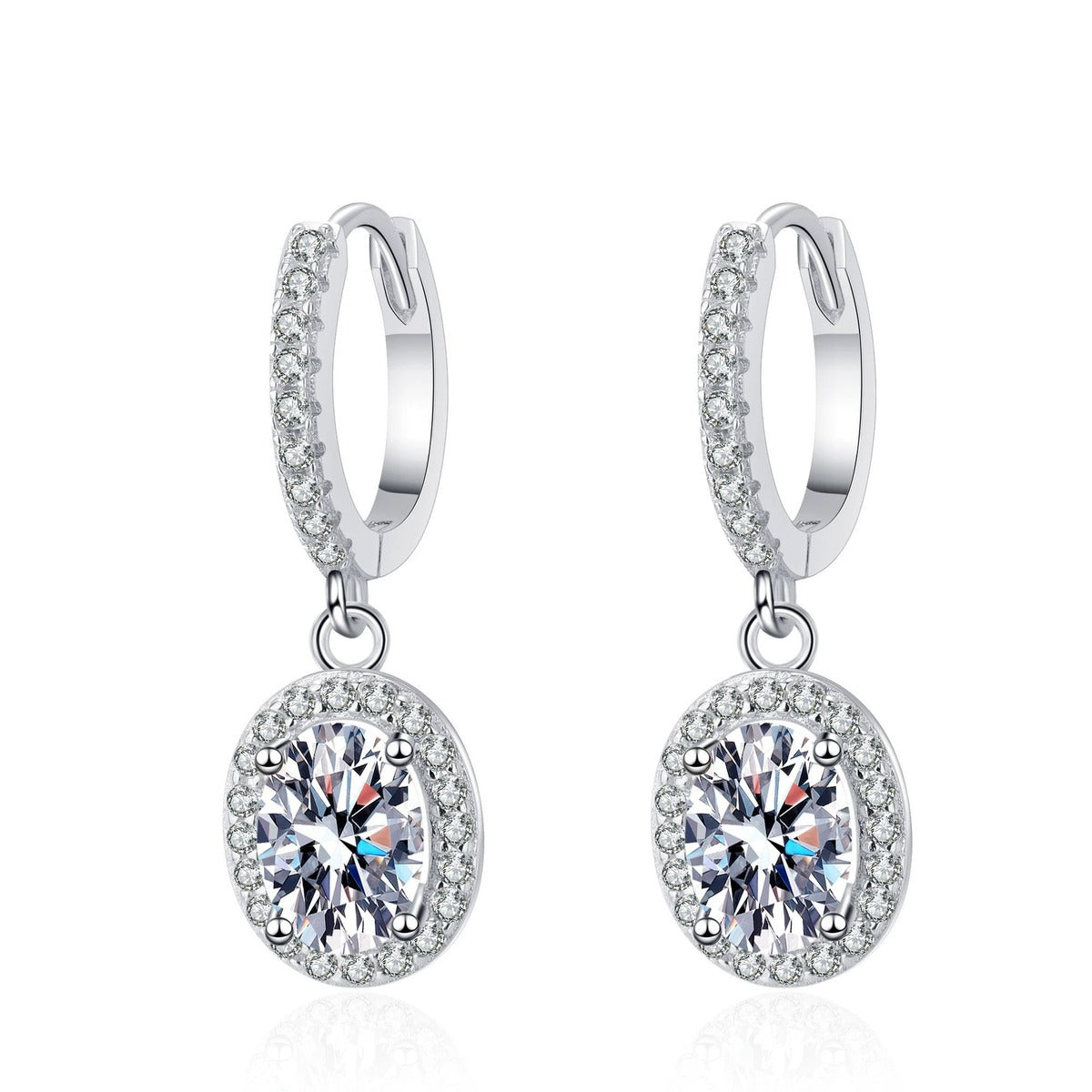 Oval Moissanite Hoop Dangle Earrings with CZ in Rhodium-Plated S925 sterling silver white background product photo showing the pair, stone shape, and hoop dangle earrings silhouette