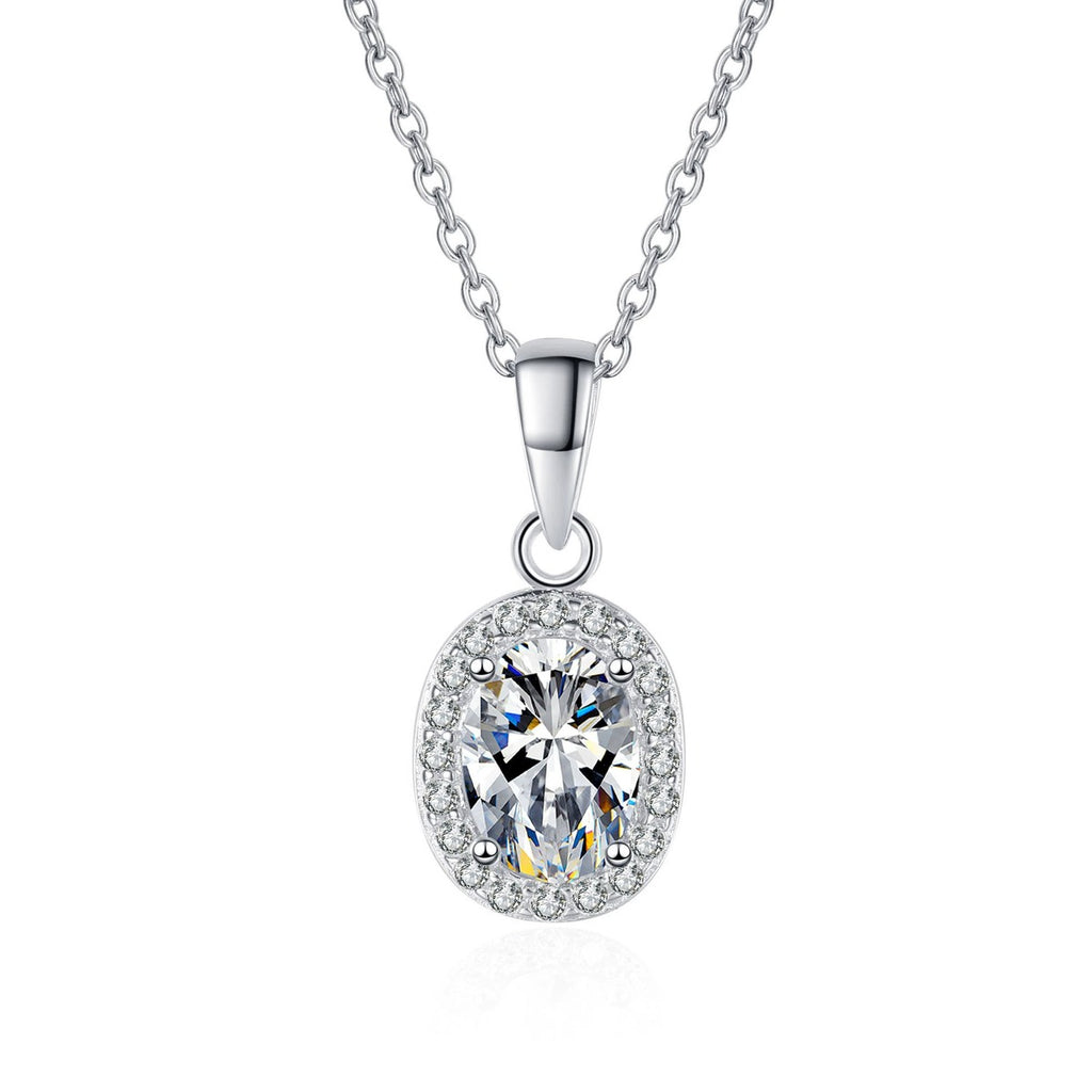 Oval Halo Moissanite Pendant Necklace with CZ in Rhodium-Plated S925 sterling silver on white background showing pendant shape and round moissanite