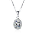 Oval Halo Moissanite Pendant Necklace with CZ in Rhodium-Plated S925 sterling silver on white background showing pendant shape and round moissanite
