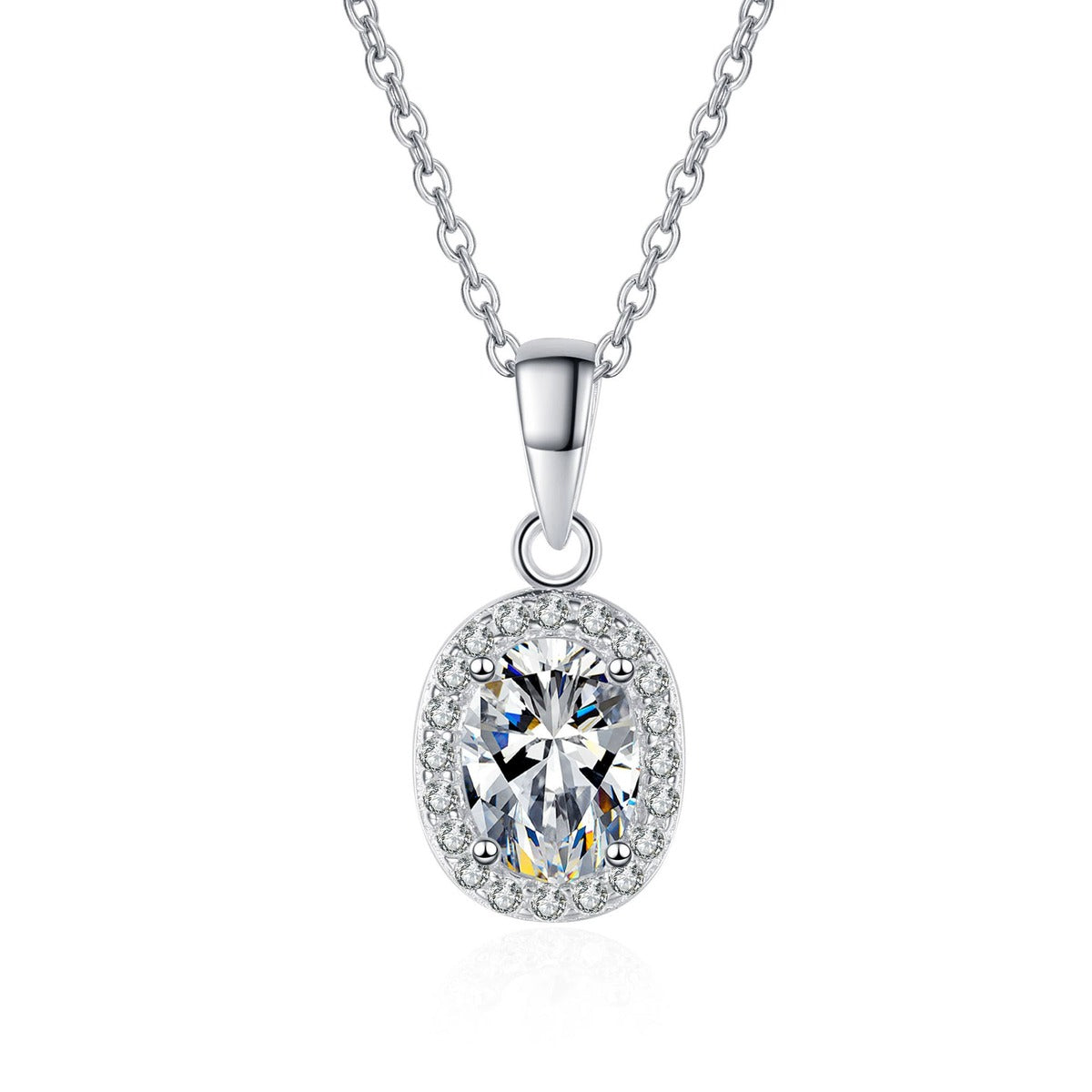 Oval Halo Moissanite Pendant Necklace with CZ in Rhodium-Plated S925 sterling silver on white background showing pendant shape and round moissanite