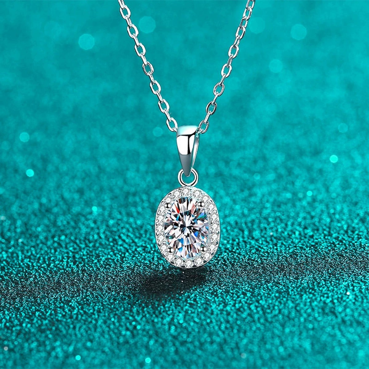Oval Halo Moissanite Pendant Necklace with CZ in Rhodium-Plated S925 sterling silver product scene view showing pendant detail