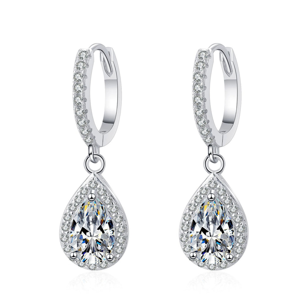 Pear Moissanite Hoop Dangle Earrings with CZ in Rhodium-Plated S925 sterling silver white background product photo showing the pair, stone shape, and hoop dangle earrings silhouette