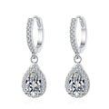 Pear Moissanite Hoop Dangle Earrings with CZ in Rhodium-Plated S925 sterling silver white background product photo showing the pair, stone shape, and hoop dangle earrings silhouette