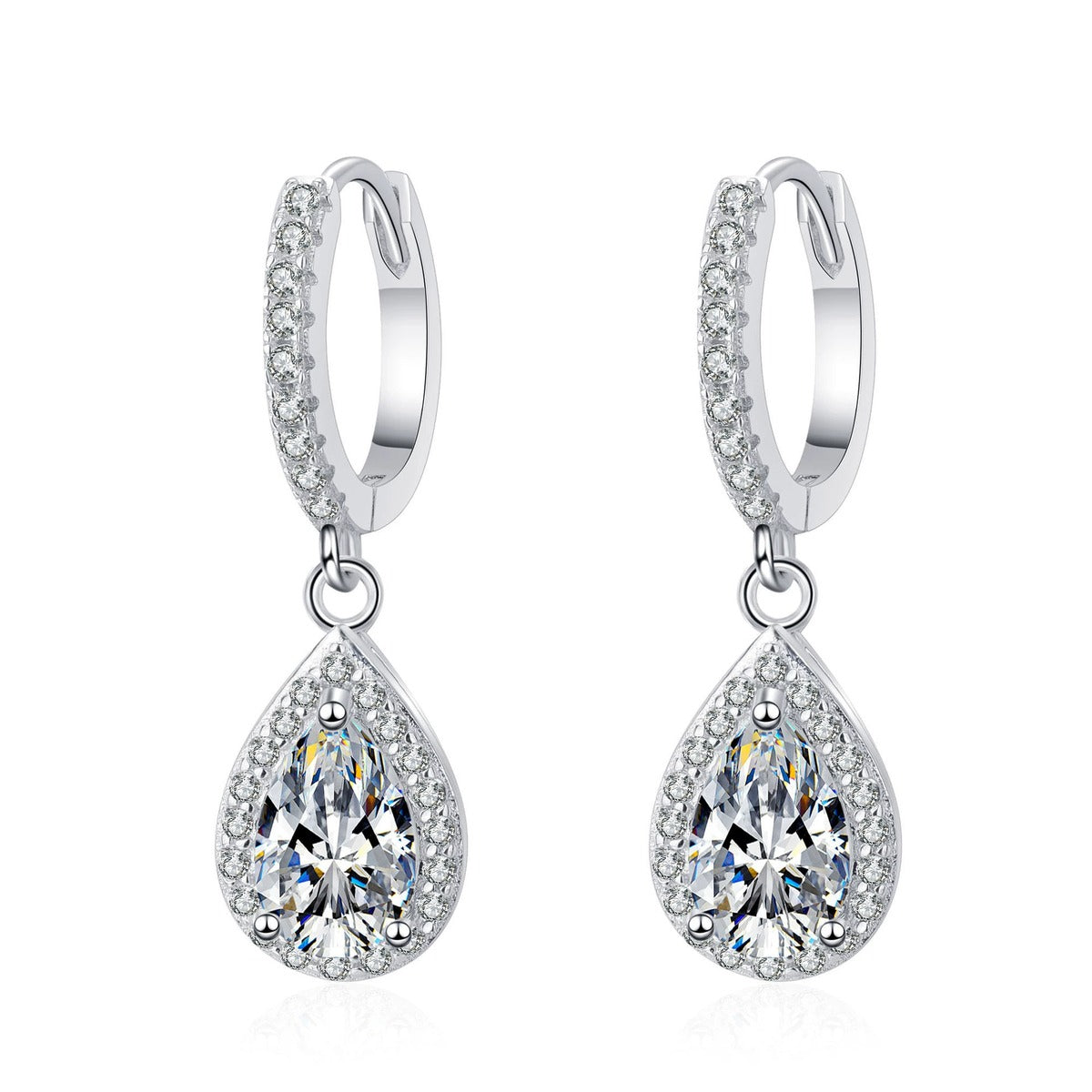 Pear Moissanite Hoop Dangle Earrings with CZ in Rhodium-Plated S925 sterling silver white background product photo showing the pair, stone shape, and hoop dangle earrings silhouette