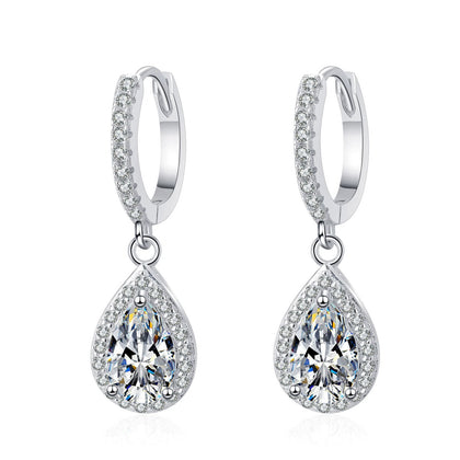 Pear Moissanite Hoop Dangle Earrings with CZ in Rhodium-Plated S925 sterling silver white background product photo showing the pair, stone shape, and hoop dangle earrings silhouette