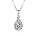 Pear Cut Halo Moissanite Pendant Necklace with CZ in Rhodium-Plated S925 sterling silver white background product photo showing pear-cut halo pendant with a tapered moissanite center and CZ frame