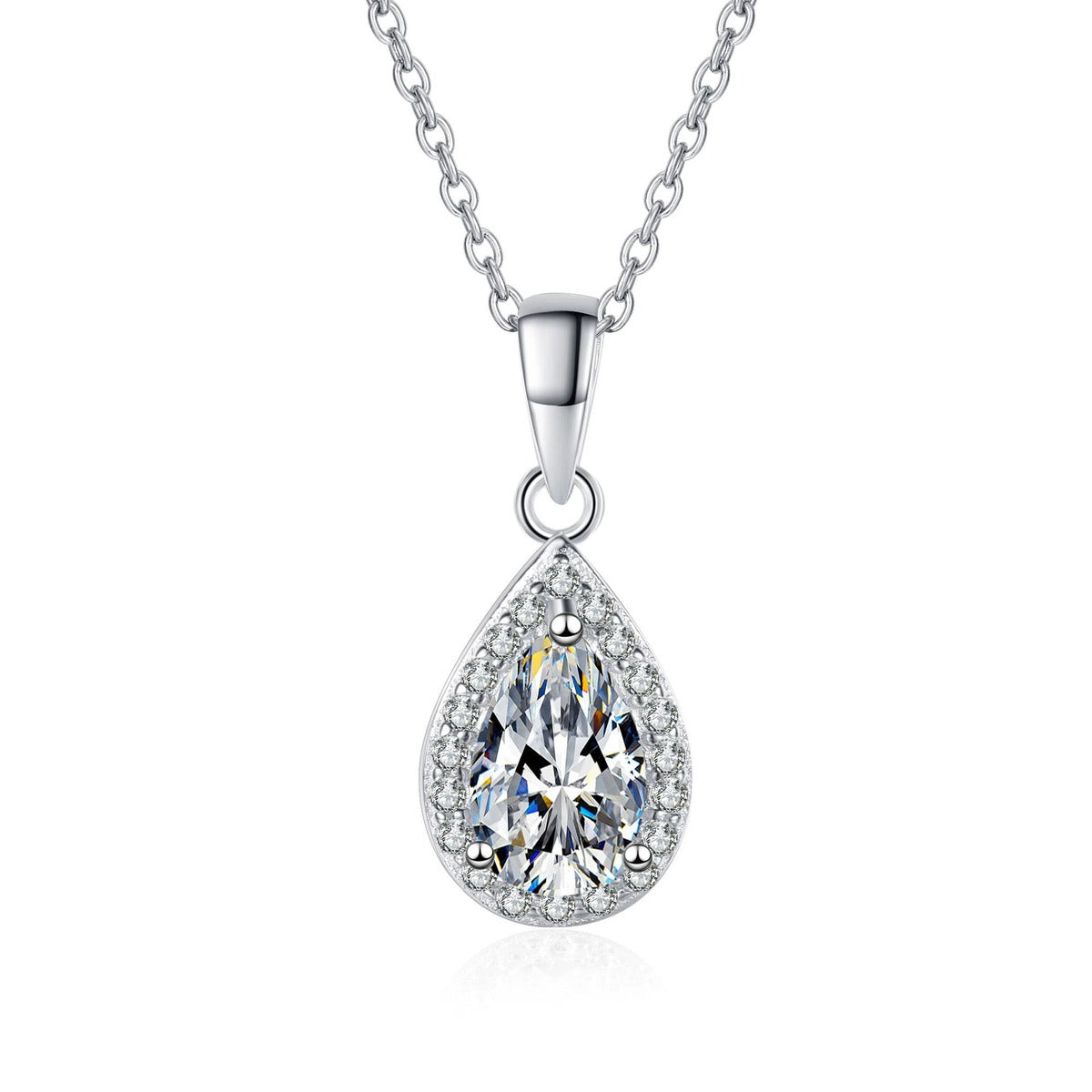 Pear Cut Halo Moissanite Pendant Necklace with CZ in Rhodium-Plated S925 sterling silver white background product photo showing pear-cut halo pendant with a tapered moissanite center and CZ frame
