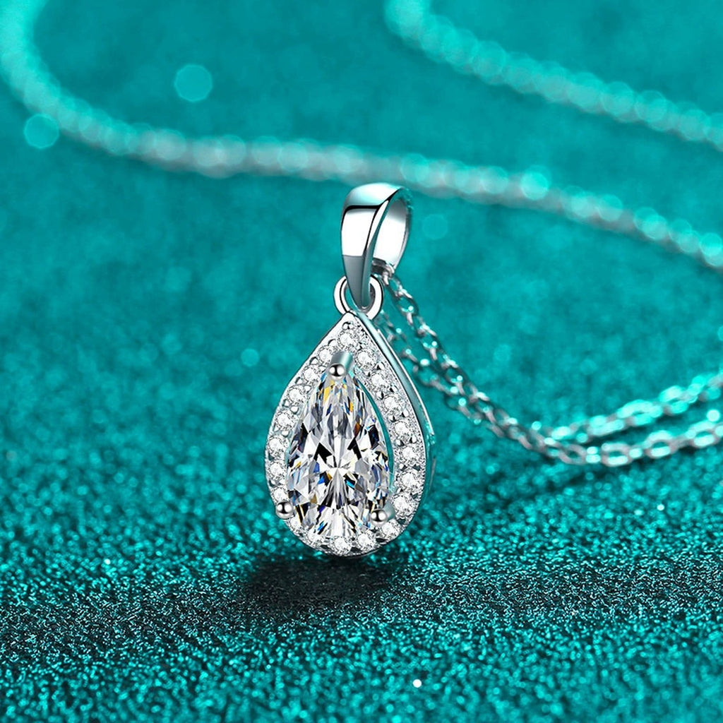 Pear Cut Halo Moissanite Pendant Necklace with CZ in Rhodium-Plated S925 sterling silver angled product detail view