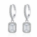 Emerald and Radiant Moissanite Hoop Dangle Earrings with CZ in Rhodium-Plated S925 sterling silver white background product photo showing the pair, stone shape, and hoop dangle earrings silhouette