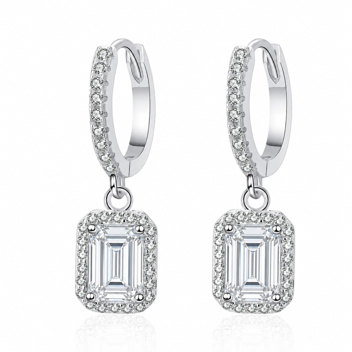 Emerald and Radiant Moissanite Hoop Dangle Earrings with CZ in Rhodium-Plated S925 sterling silver white background product photo showing the pair, stone shape, and hoop dangle earrings silhouette