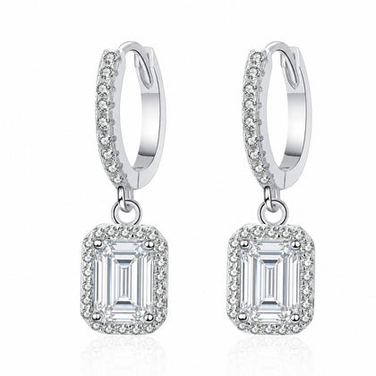 Emerald and Radiant Moissanite Hoop Dangle Earrings with CZ in Rhodium-Plated S925 sterling silver white background product photo showing the pair, stone shape, and hoop dangle earrings silhouette