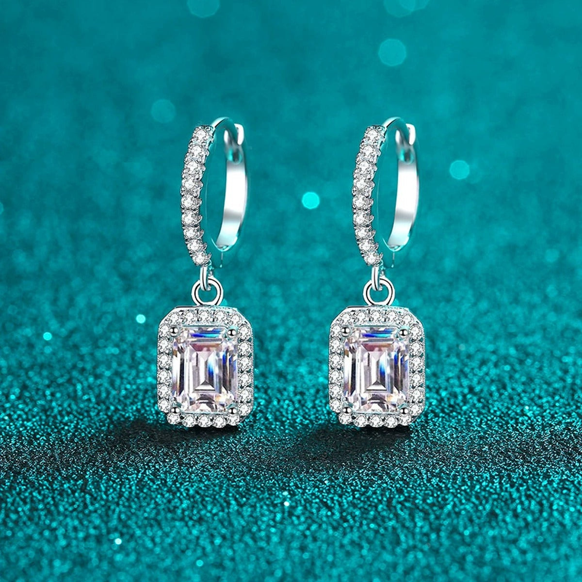 Emerald and Radiant Moissanite Hoop Dangle Earrings with CZ in Rhodium-Plated S925 sterling silver product scene view showing front sparkle, moissanite setting, and hoop dangle earrings design