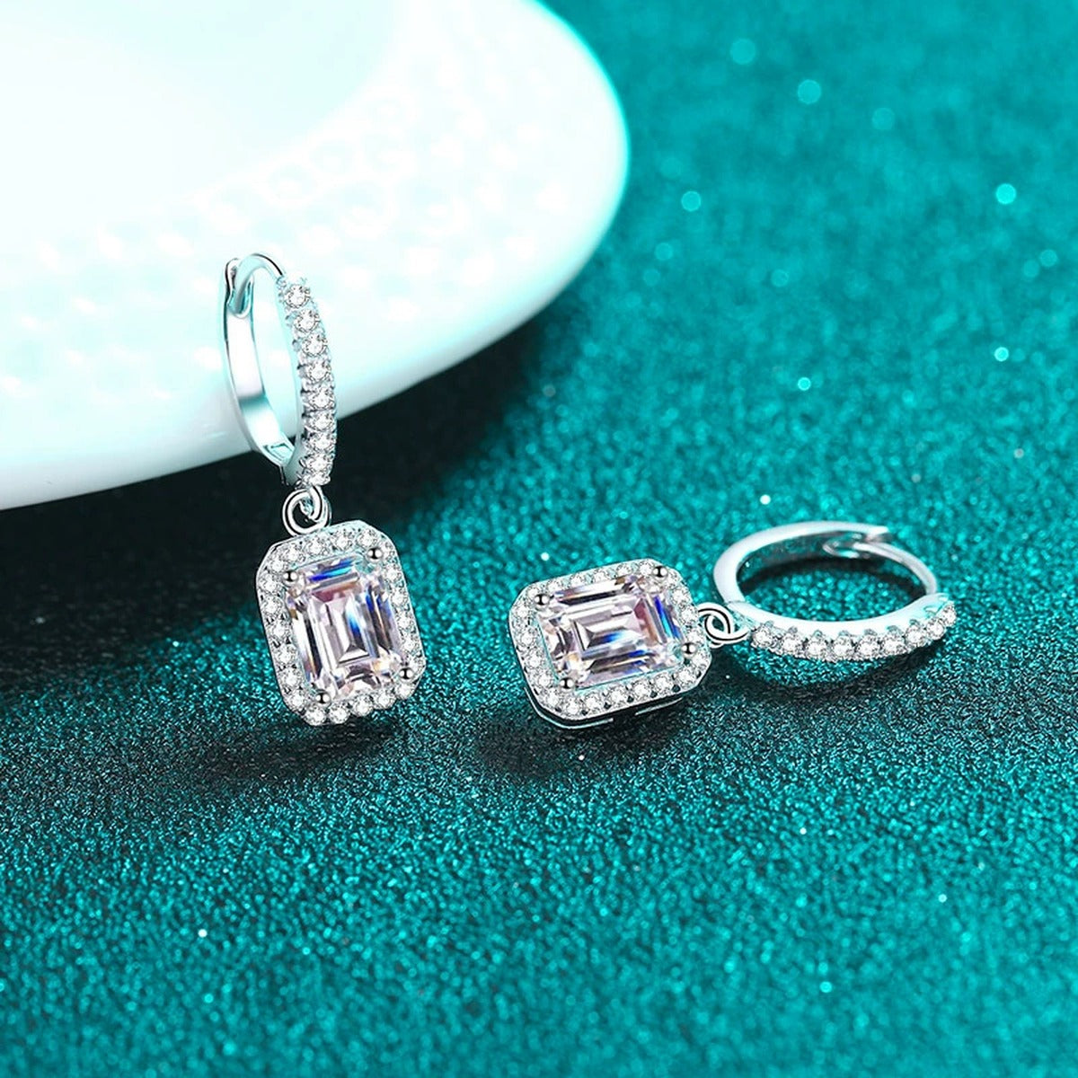 Emerald and Radiant Moissanite Hoop Dangle Earrings with CZ in Rhodium-Plated S925 sterling silver product scene view showing side profile, moissanite setting, and hoop dangle earrings design