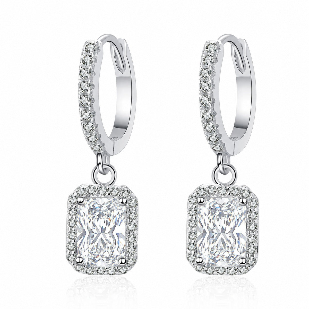 Emerald and Radiant Moissanite Hoop Dangle Earrings with CZ in Rhodium-Plated S925 sterling silver product scene view showing pair comparison, moissanite setting, and hoop dangle earrings design