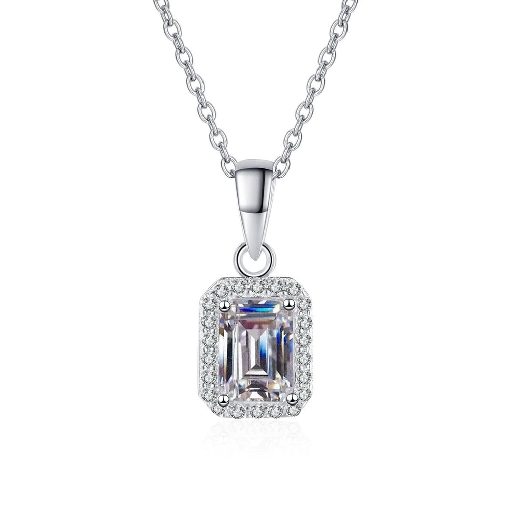 Emerald and Radiant Cut Moissanite Pendant Necklace with CZ in Rhodium-Plated S925 sterling silver close-up product scene showing pendant setting