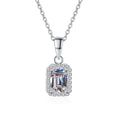 Emerald and Radiant Cut Moissanite Pendant Necklace with CZ in Rhodium-Plated S925 sterling silver close-up product scene showing pendant setting