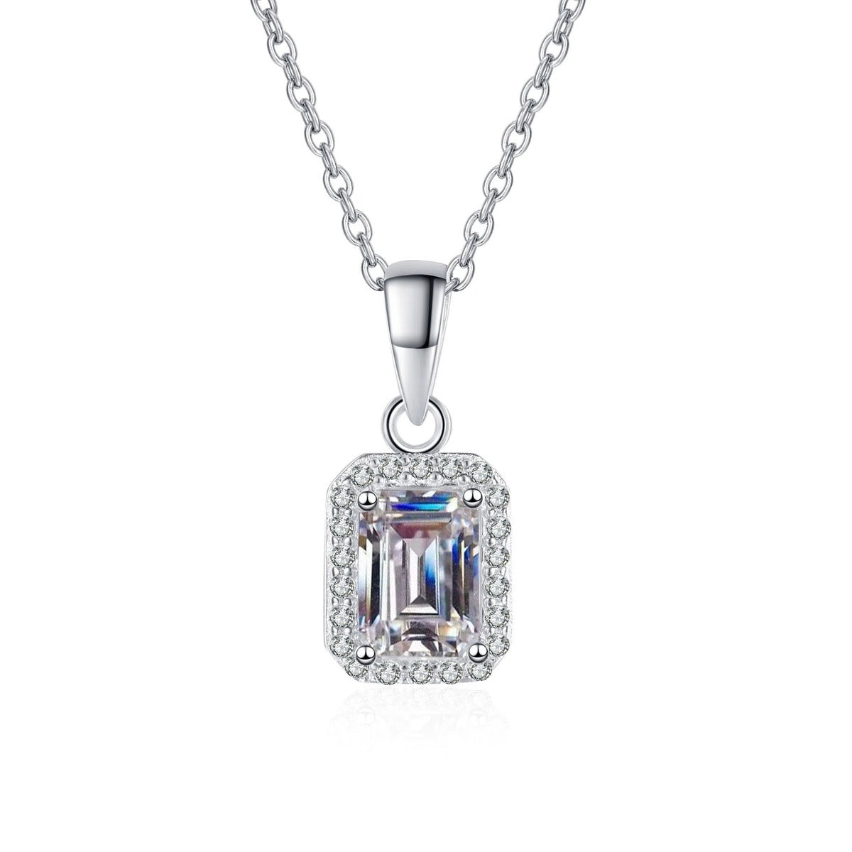 Emerald and Radiant Cut Moissanite Pendant Necklace with CZ in Rhodium-Plated S925 sterling silver close-up product scene showing pendant setting