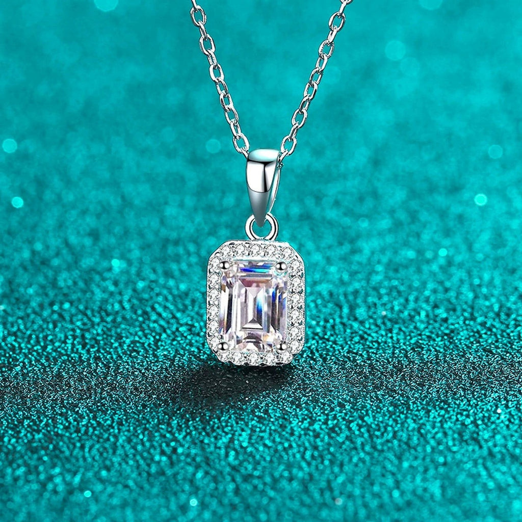 Emerald and Radiant Cut Moissanite Pendant Necklace with CZ in Rhodium-Plated S925 sterling silver angled product detail view