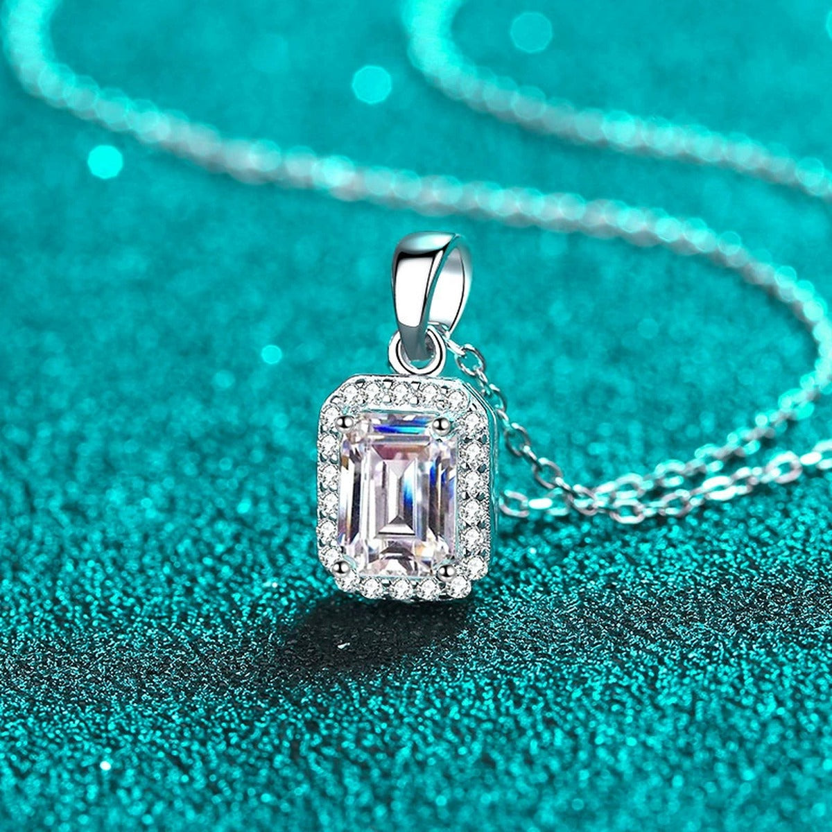 Emerald and Radiant Cut Moissanite Pendant Necklace with CZ in Rhodium-Plated S925 sterling silver additional product styling view
