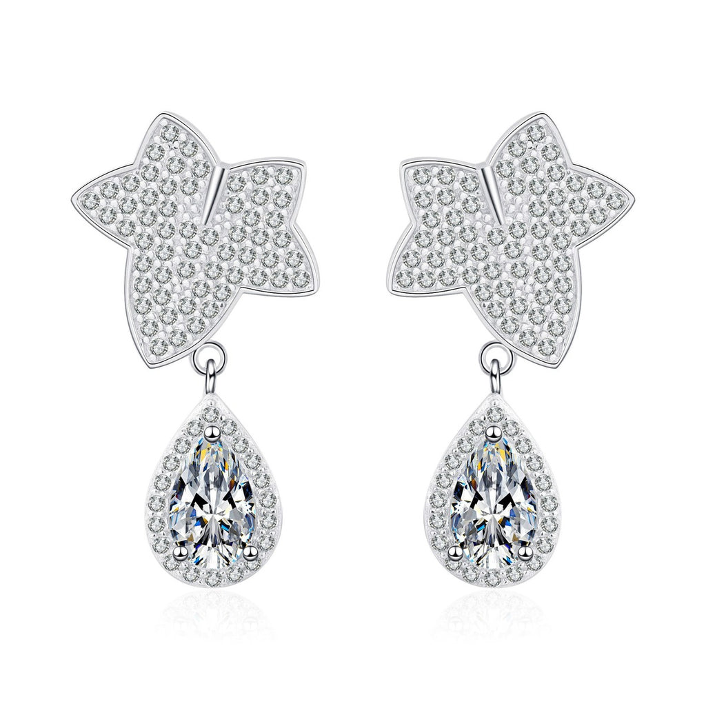Star and Pear Moissanite Stud Dangle Earrings with CZ in Rhodium-Plated S925 sterling silver white background product photo showing the pair, stone shape, and stud dangle earrings silhouette