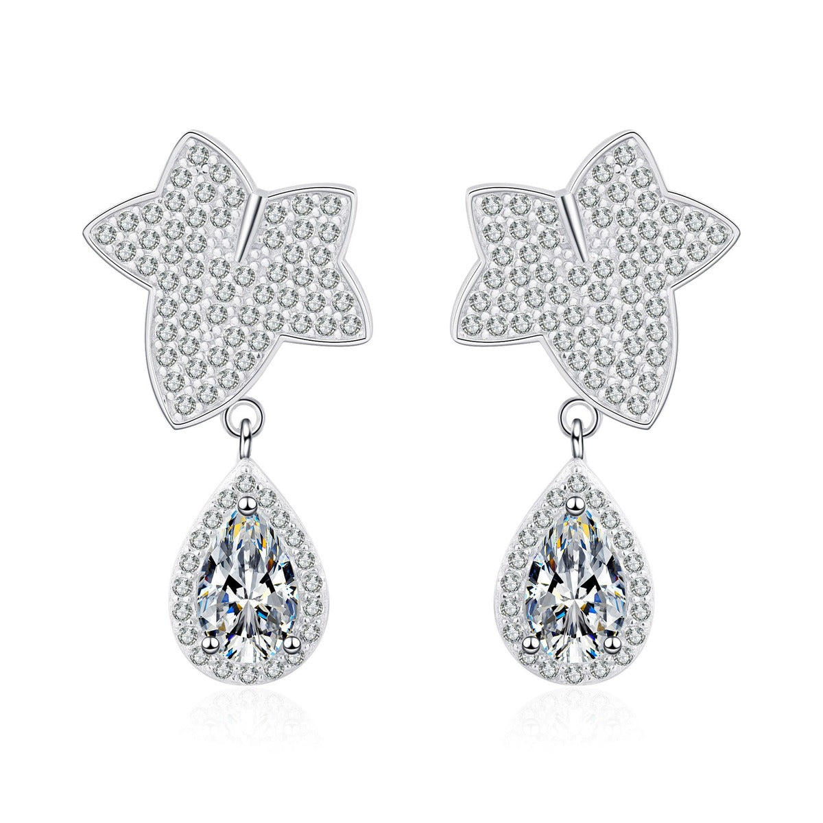 Star and Pear Moissanite Stud Dangle Earrings with CZ in Rhodium-Plated S925 sterling silver white background product photo showing the pair, stone shape, and stud dangle earrings silhouette