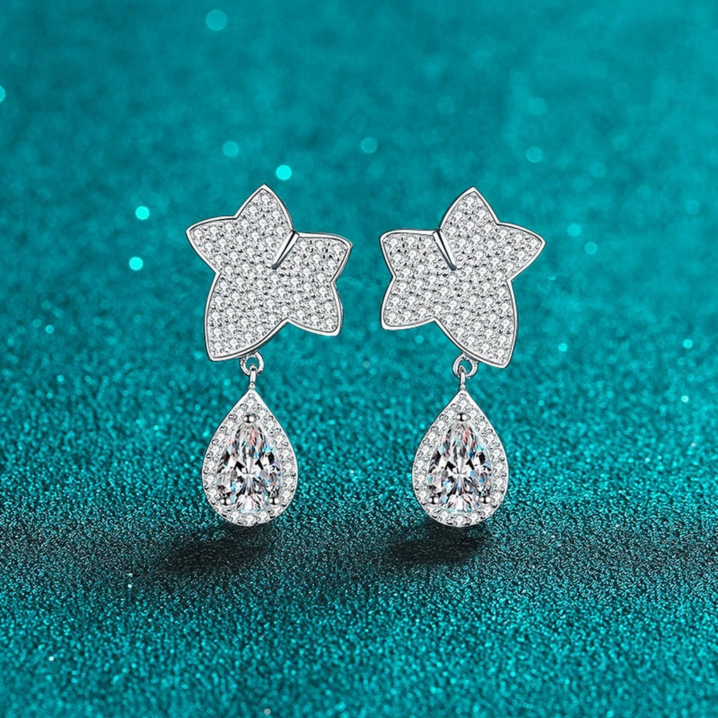 Star and Pear Moissanite Stud Dangle Earrings with CZ in Rhodium-Plated S925 sterling silver product scene view showing front sparkle
