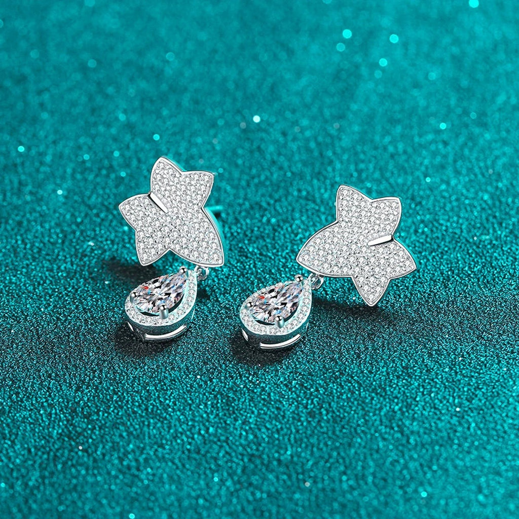 Star and Pear Moissanite Stud Dangle Earrings with CZ in Rhodium-Plated S925 sterling silver product scene view showing angled setting detail