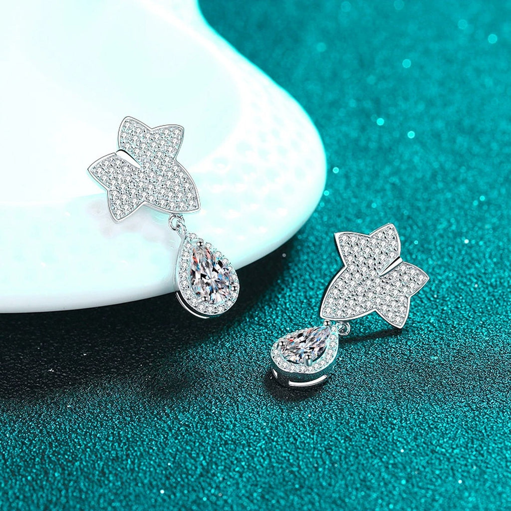 Star and Pear Moissanite Stud Dangle Earrings with CZ in Rhodium-Plated S925 sterling silver product scene view showing side profile