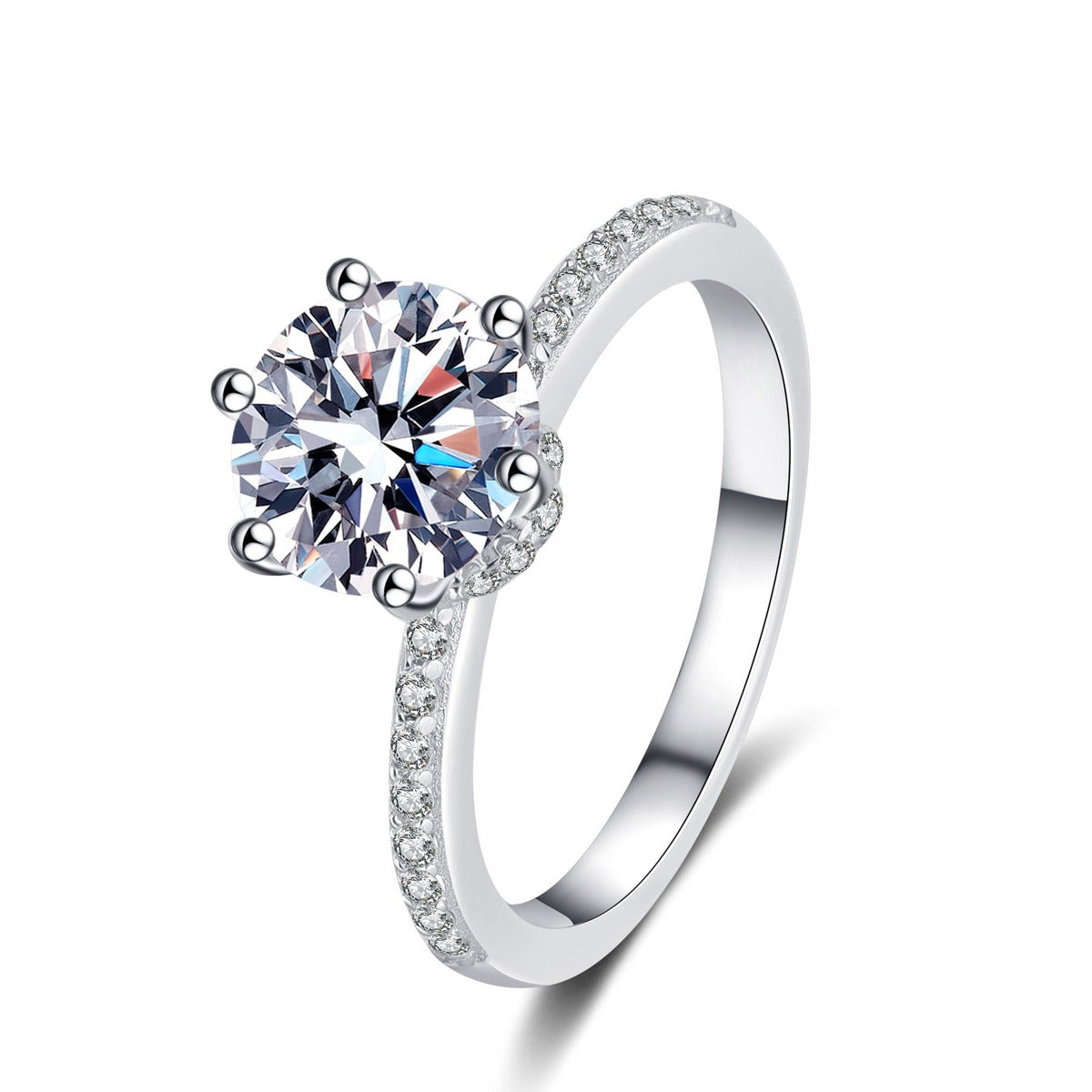 Round Moissanite Ring with CZ in rhodium-plated S925 sterling silver on clean white background