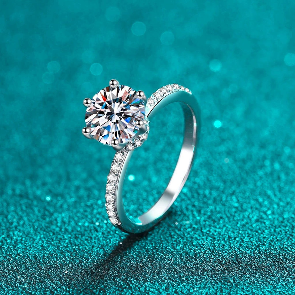 Round Moissanite Ring with CZ product view showing moissanite setting and rhodium finish