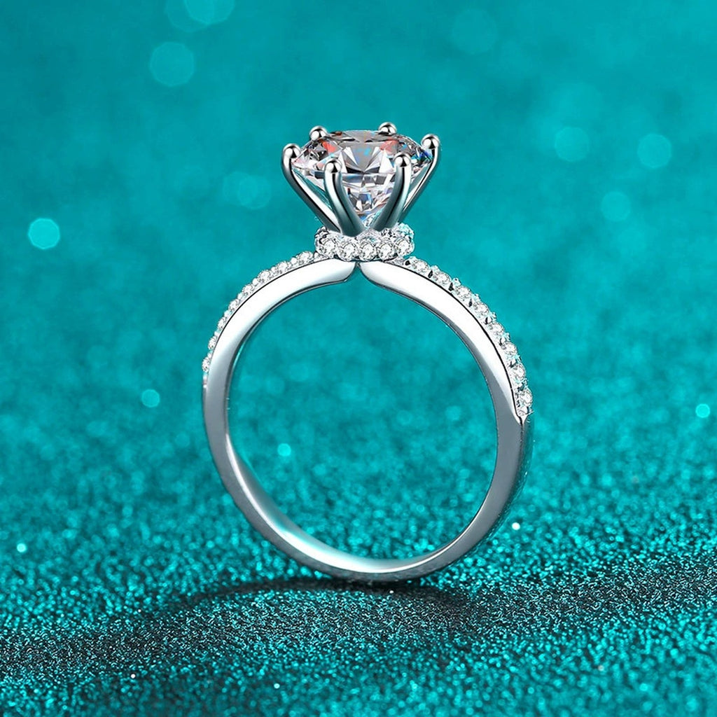Round Moissanite Ring with CZ product view showing moissanite setting and rhodium finish