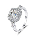 Asscher Cut Moissanite Halo Engagement Ring with CZ in Rhodium-Plated S925 Sterling Silver clean white background product photo showing the ring silhouette and moissanite setting