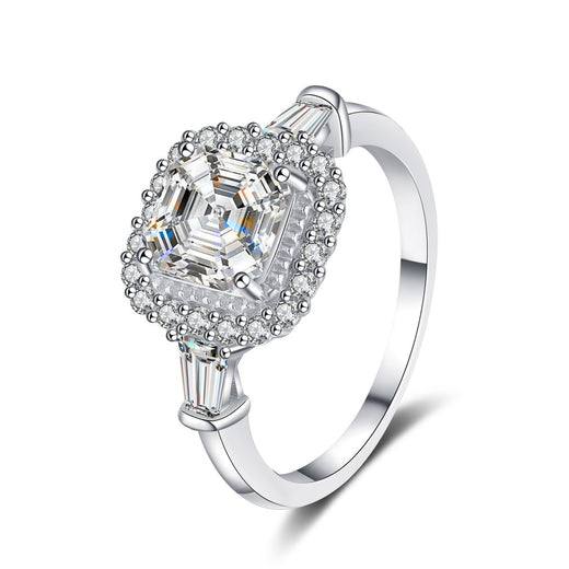 Asscher Cut Moissanite Halo Engagement Ring with CZ in Rhodium-Plated S925 Sterling Silver