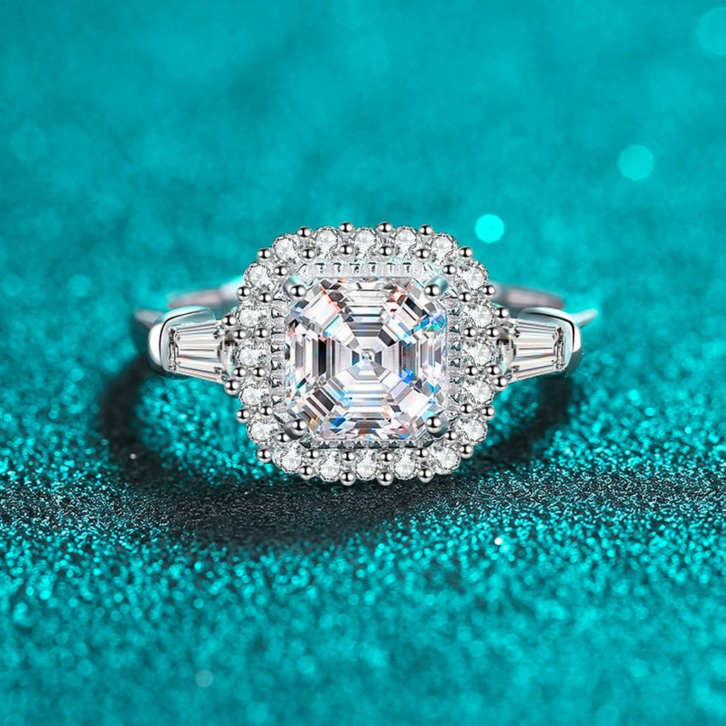 Asscher Cut Moissanite Halo Engagement Ring with CZ in Rhodium-Plated S925 Sterling Silver blue display product photo showing the moissanite setting, stone cut, and band profile